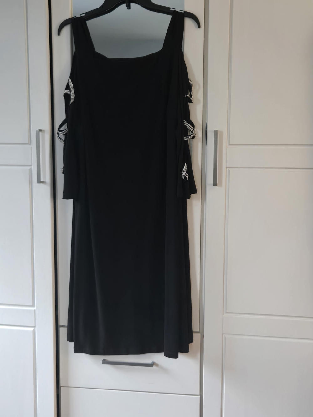 Black Cold-Shoulder Evening Dress with Embellished Sleeves